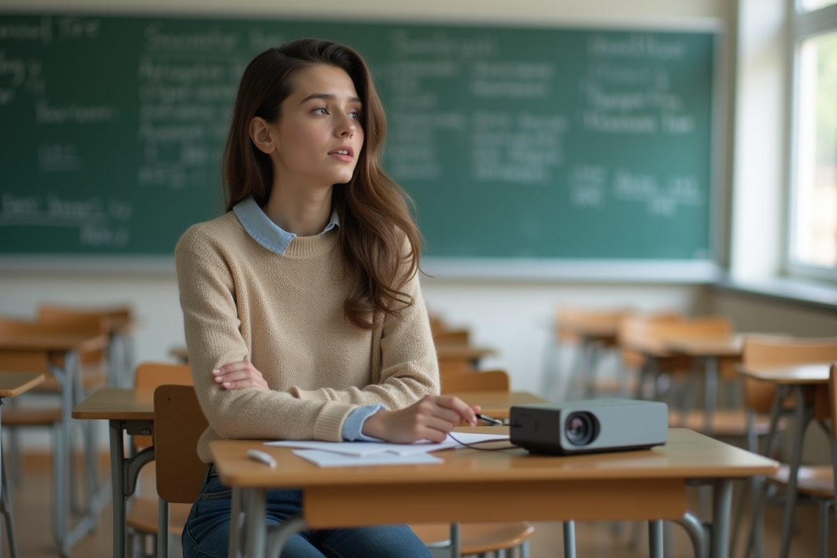 Jeune femme assise en classe observant l