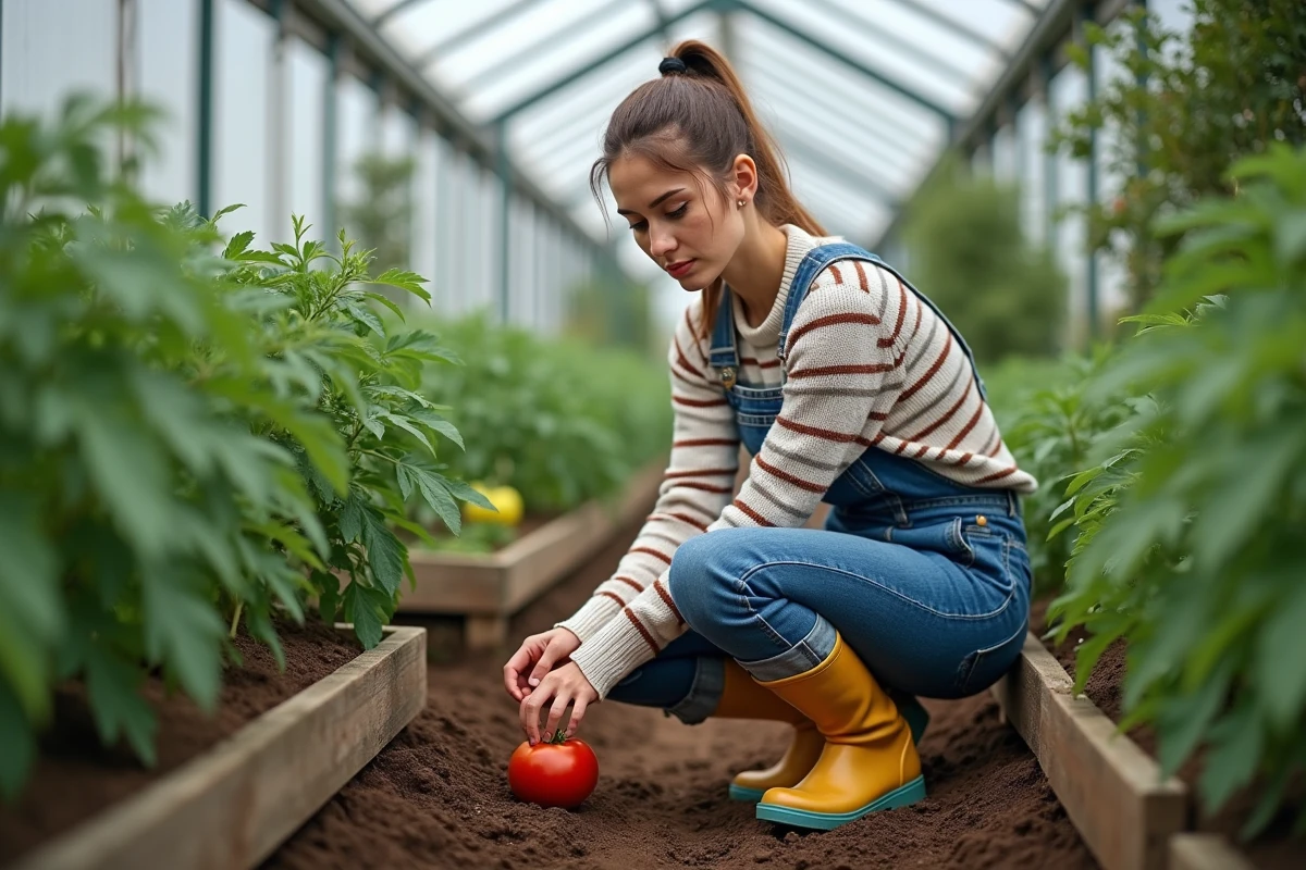 Jeune femme inspectant des plants de tomates en serre