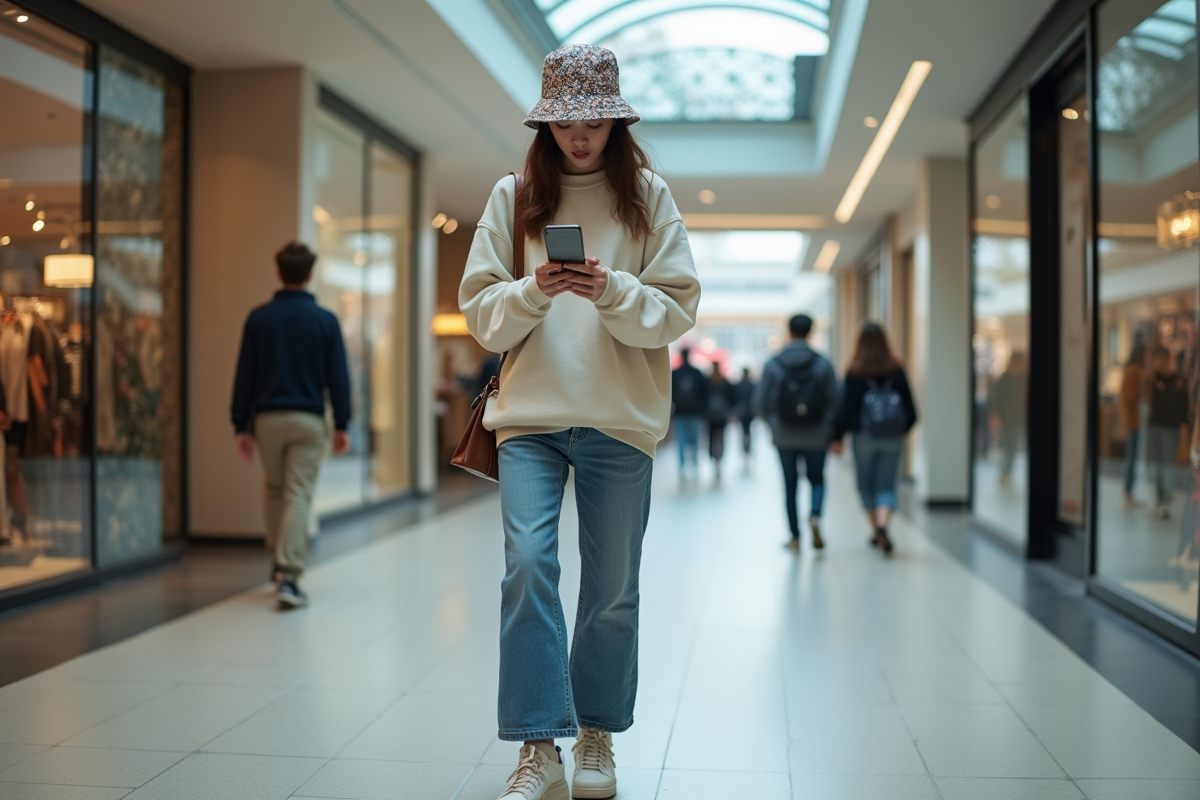 Jeune femme stylée dans une arcade commerçante moderne