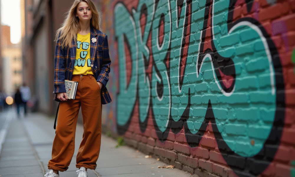 Jeune femme en style urbain devant un mur graffite