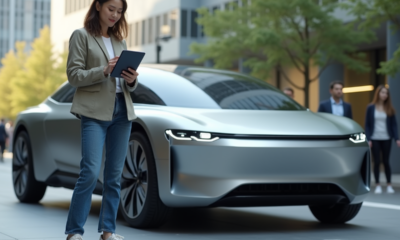 Jeune femme souriante devant voiture électrique autonome
