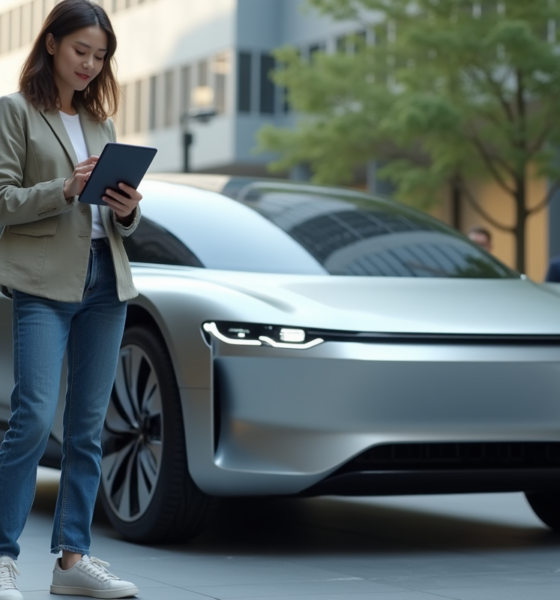 Jeune femme souriante devant voiture électrique autonome
