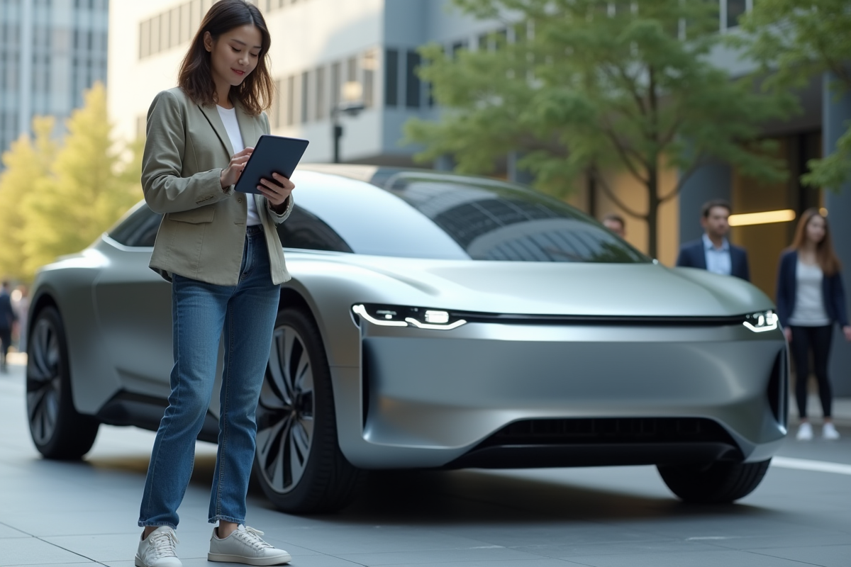 Jeune femme souriante devant voiture électrique autonome