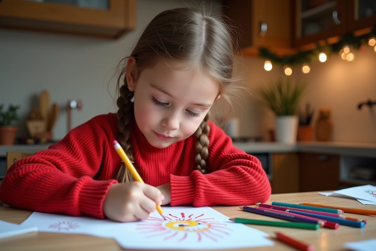 Jeune fille coloriant un dessin dans une cuisine chaleureuse