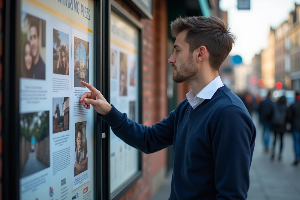 Jeune homme regardant des photos sur un panneau d