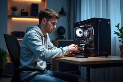 Jeune homme construisant un PC haut de gamme dans un bureau moderne