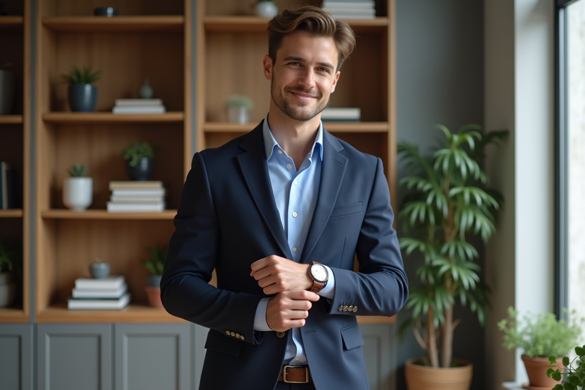 Jeune homme en blazer dans un bureau avec livres et plantes