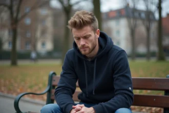 Jeune homme scandinave pensif dans un parc automnal