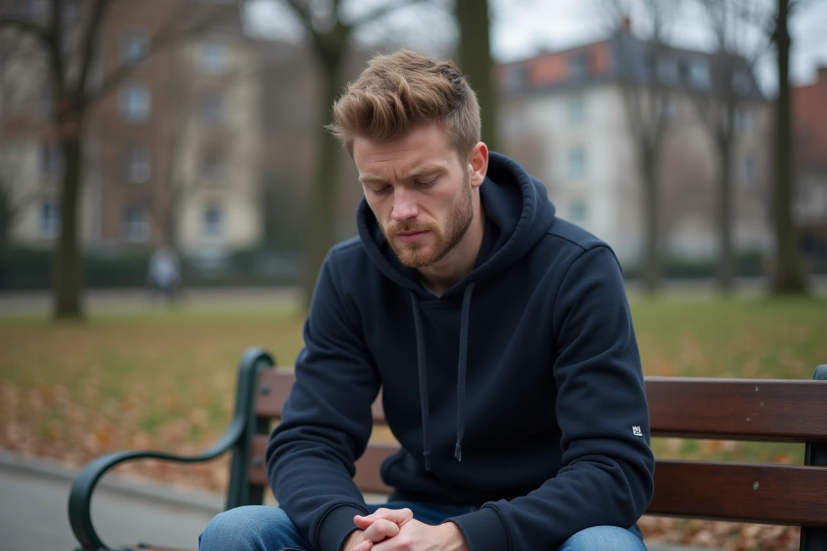 Jeune homme scandinave pensif dans un parc automnal