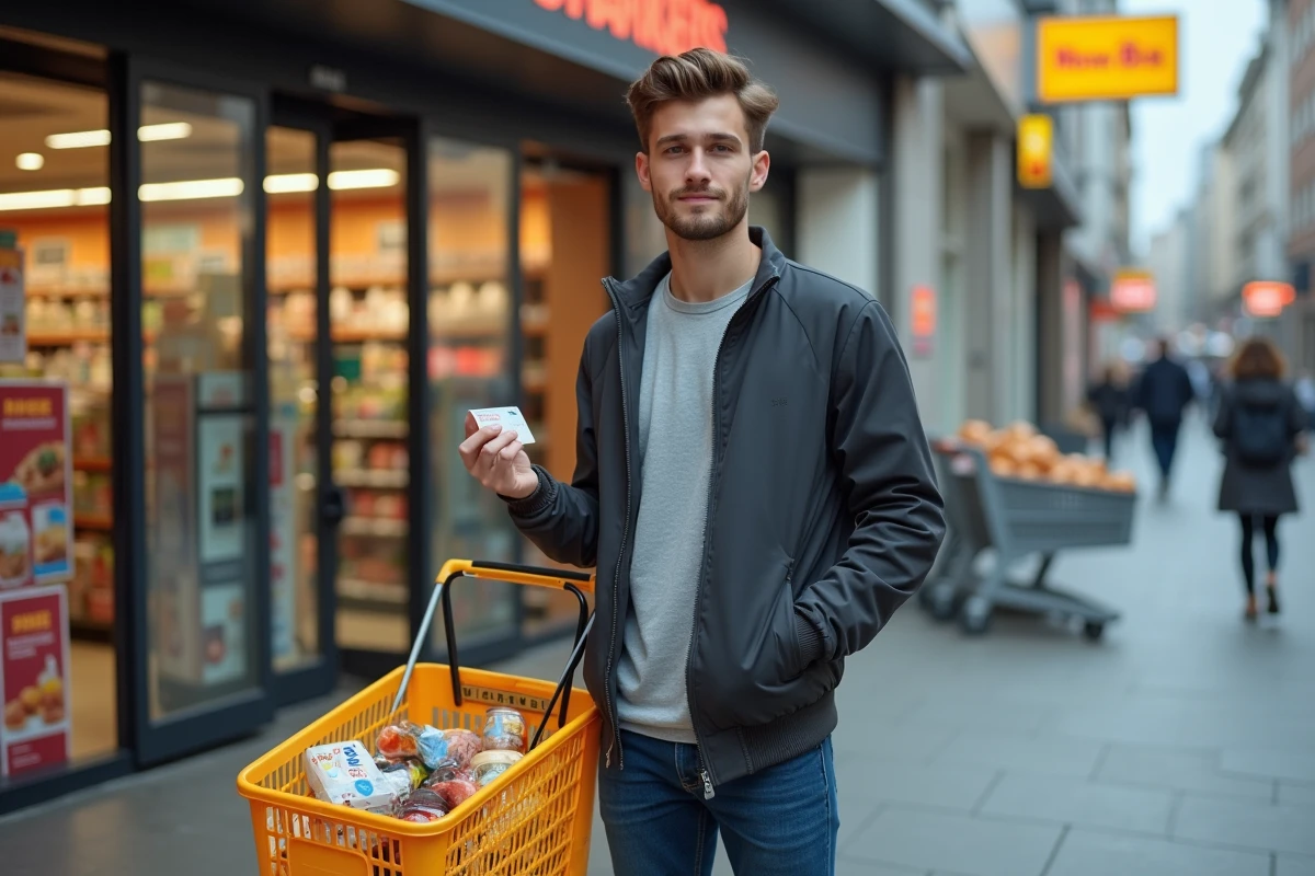 Jeune homme avec carte de récompenses devant un supermarché