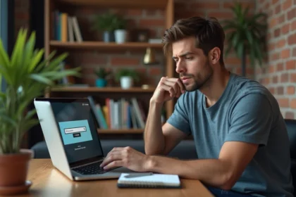 Jeune homme pensif devant un ordinateur dans un espace urbain