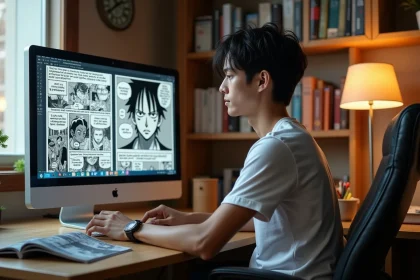 Jeune homme lisant manga français sur son ordinateur à la maison