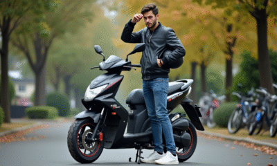 Jeune homme ajustant son casque à côté d'une moto Skyteam Dax