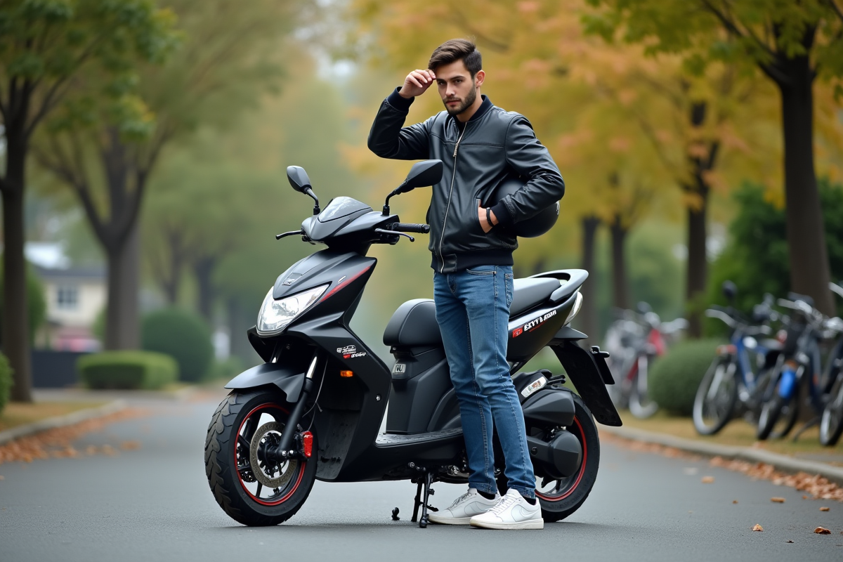 Jeune homme ajustant son casque à côté d'une moto Skyteam Dax