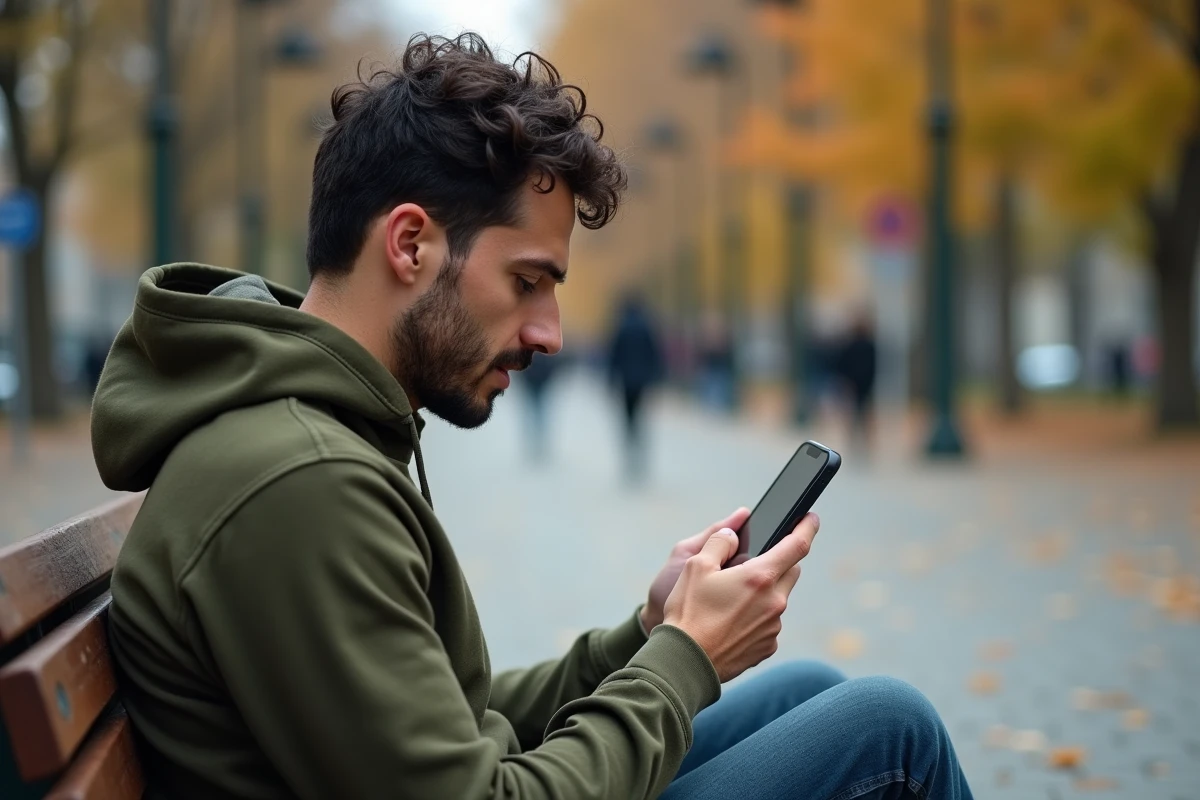 Jeune homme en extérieur recherchant l'opérateur d'un numéro 06 72 sur internet