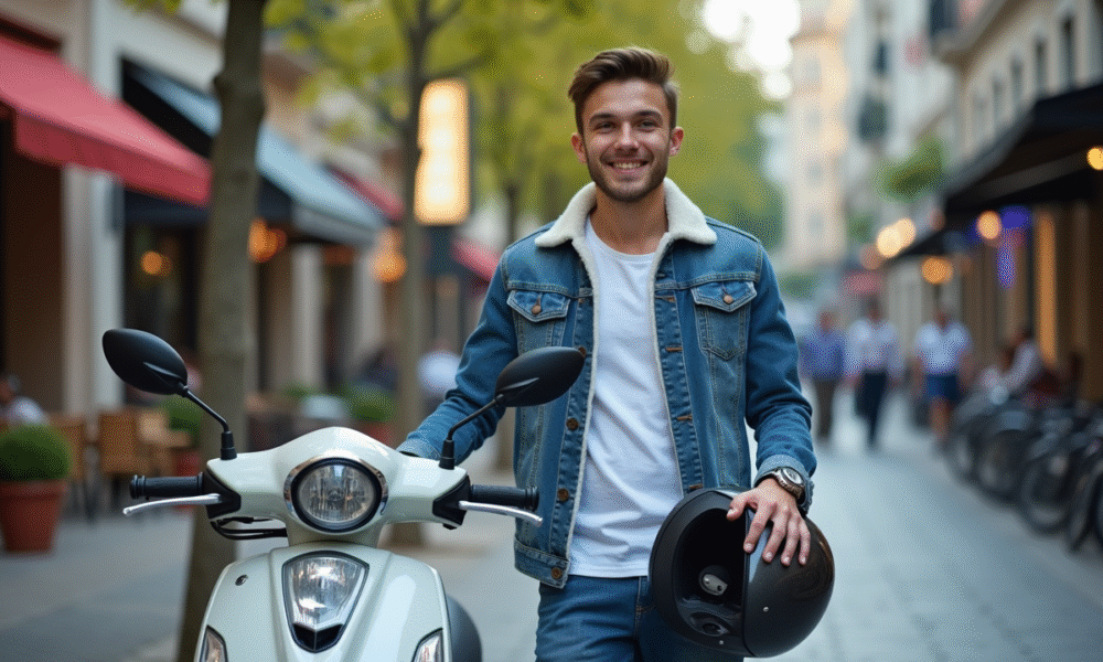 Jeune homme souriant avec scooter en ville dynamique