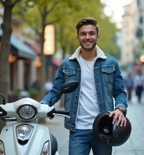 Jeune homme souriant avec scooter en ville dynamique