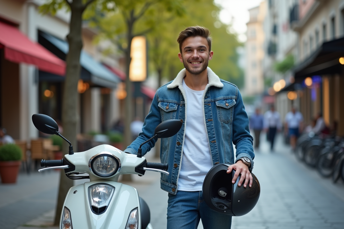 Jeune homme souriant avec scooter en ville dynamique