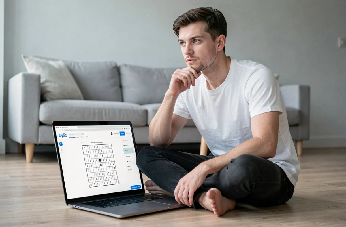 Jeune homme pratiquant le sudoku en ligne sur ordinateur portable, entraînement cognitif numérique à domicile