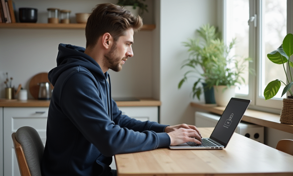 Jeune homme français utilisant un VPN dans une cuisine lumineuse