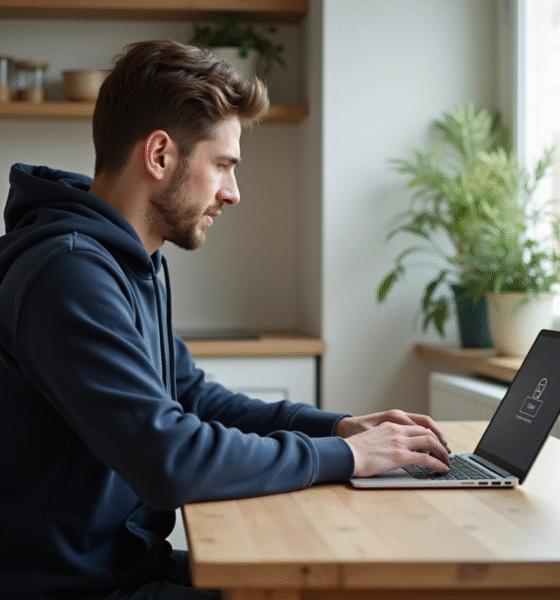 Jeune homme français utilisant un VPN dans une cuisine lumineuse