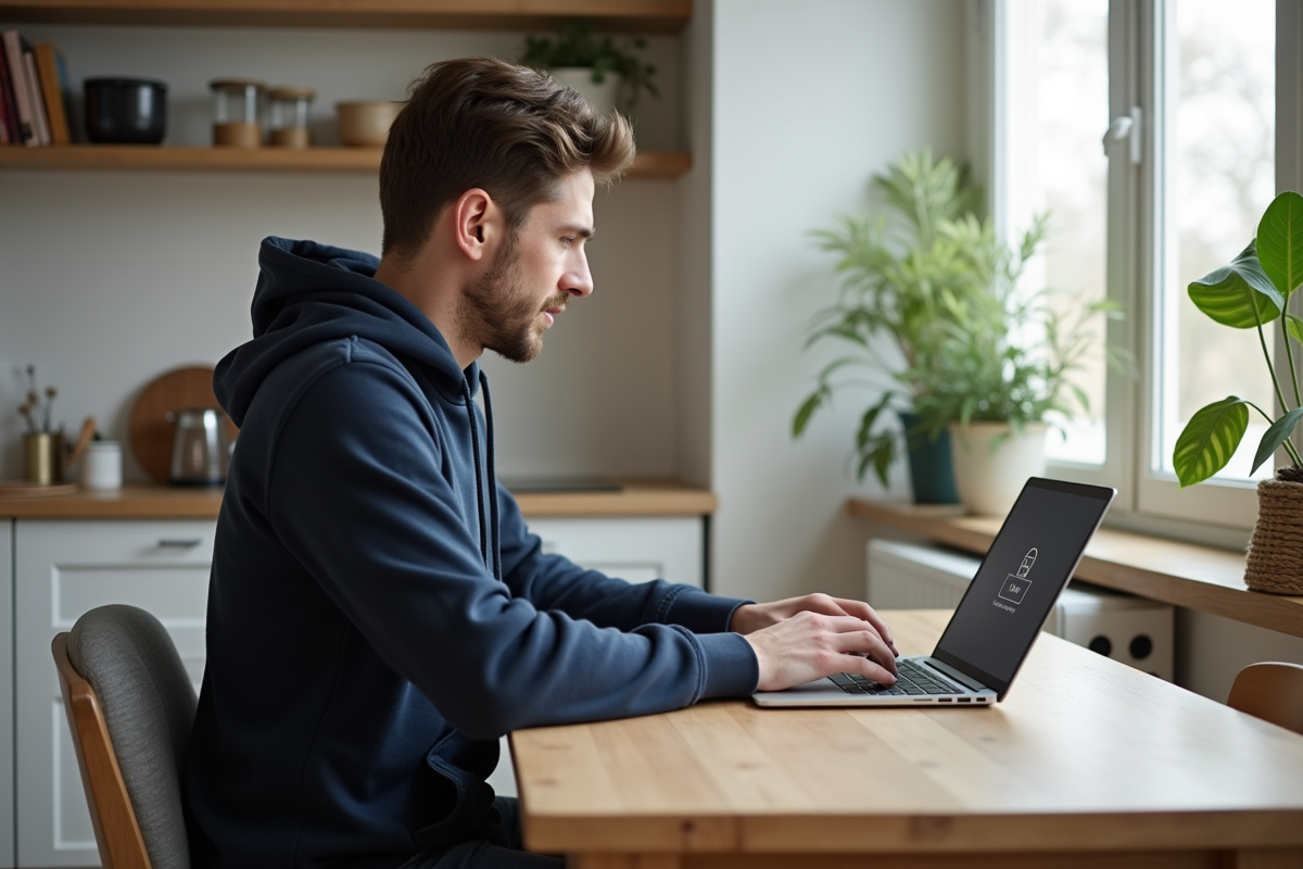 Jeune homme français utilisant un VPN dans une cuisine lumineuse