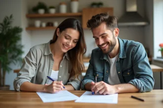 Jeunes adultes examinant un contrat de location à la maison