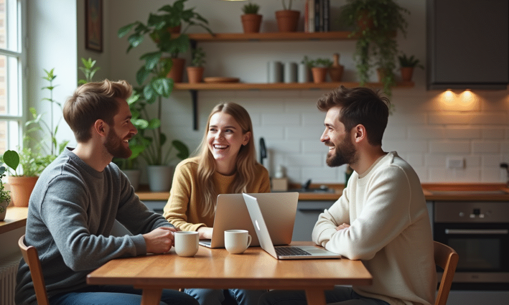 Trois jeunes adultes discutant autour d'une table de cuisine moderne