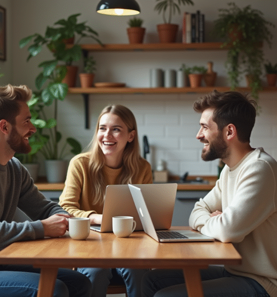 Trois jeunes adultes discutant autour d'une table de cuisine moderne