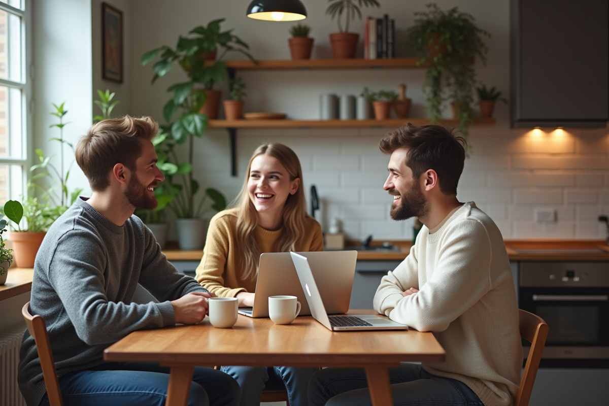 Trois jeunes adultes discutant autour d'une table de cuisine moderne