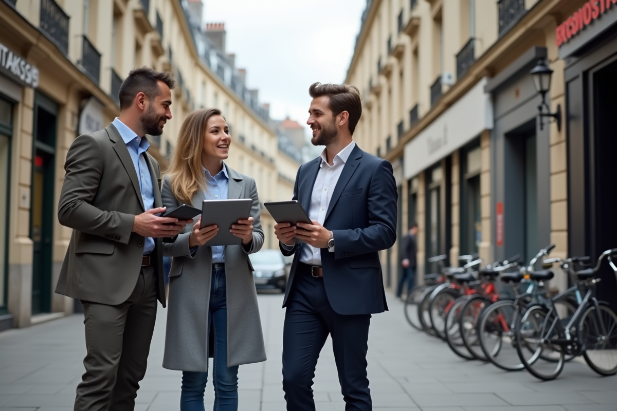 Jeunes professionnels français discutant en ville