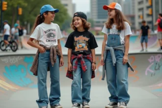Groupe d'adolescents en streetwear 90s devant un skate park