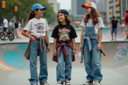Groupe d'adolescents en streetwear 90s devant un skate park