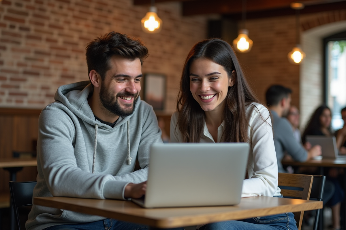 Jeunes entrepreneurs travaillant au café souriants