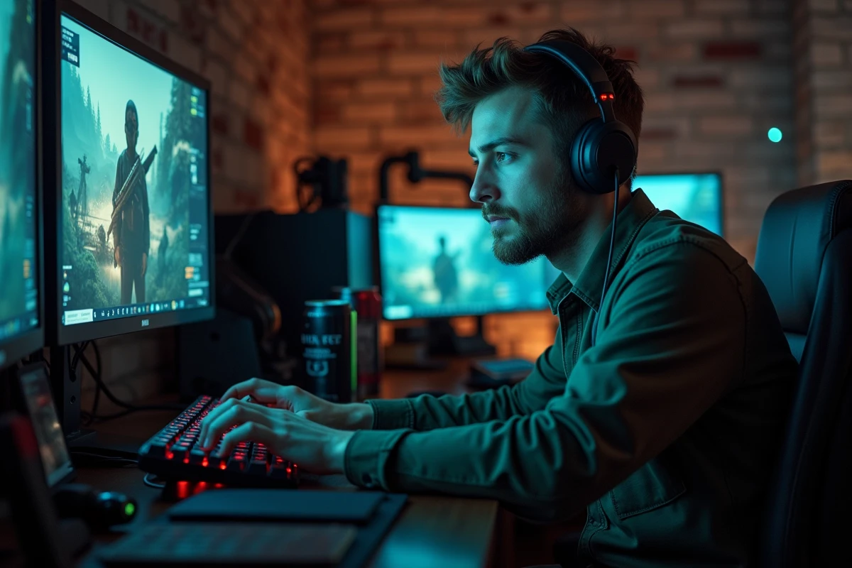 Joueur adulte concentré sur un jeu de guerre réaliste sur PC avec double écran dans un bureau gaming sombre