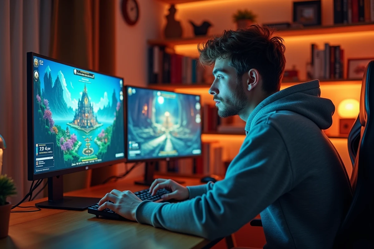 Joueur adulte concentré sur un jeu de rôle fantasy avec interface de portail sur double écran dans un bureau à domicile