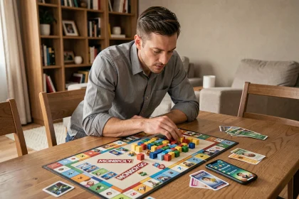 Joueur adulte analysant les pièces du jeu Monopoly GO sur une table en bois dans un appartement moderne