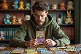 Joueur de Pokémon analysant une carte de type Psy holographique sur un bureau en bois entouré de cartes et figurines Pokémon
