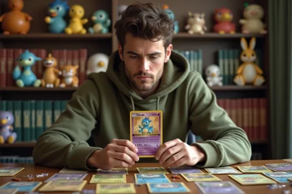 Joueur de Pokémon analysant une carte de type Psy holographique sur un bureau en bois entouré de cartes et figurines Pokémon