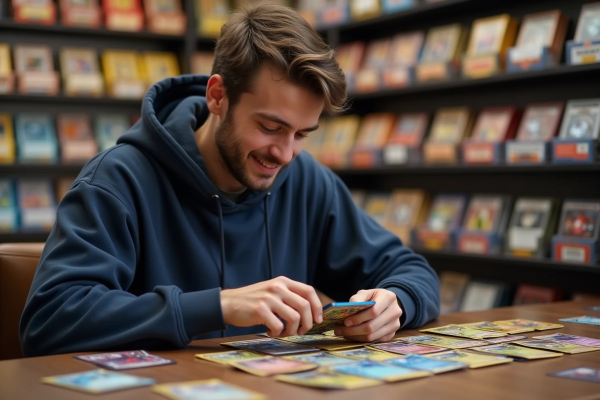 Joueur de tournoi Pokémon analysant ses cartes Rivalités Destinées pour construire un deck compétitif