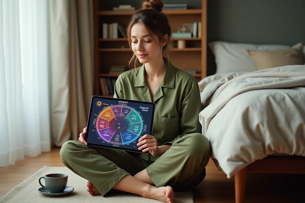 Joueuse adulte consultant une carte de portails sur tablette installée dans sa chambre avec une tasse de thé
