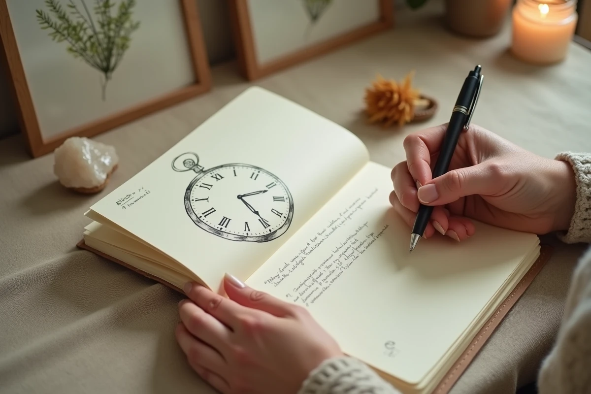 Mains féminines tenant un journal avec des notes sur la signification de 15h55, entouré de cristaux et fleurs séchées sur un bureau minimaliste