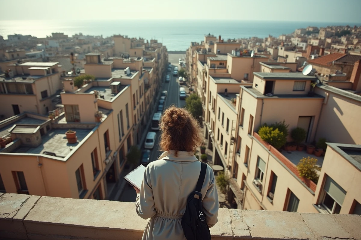 Journaliste observant les toits d'un quartier de Marseille depuis une terrasse pour un reportage sur la sécurité urbaine