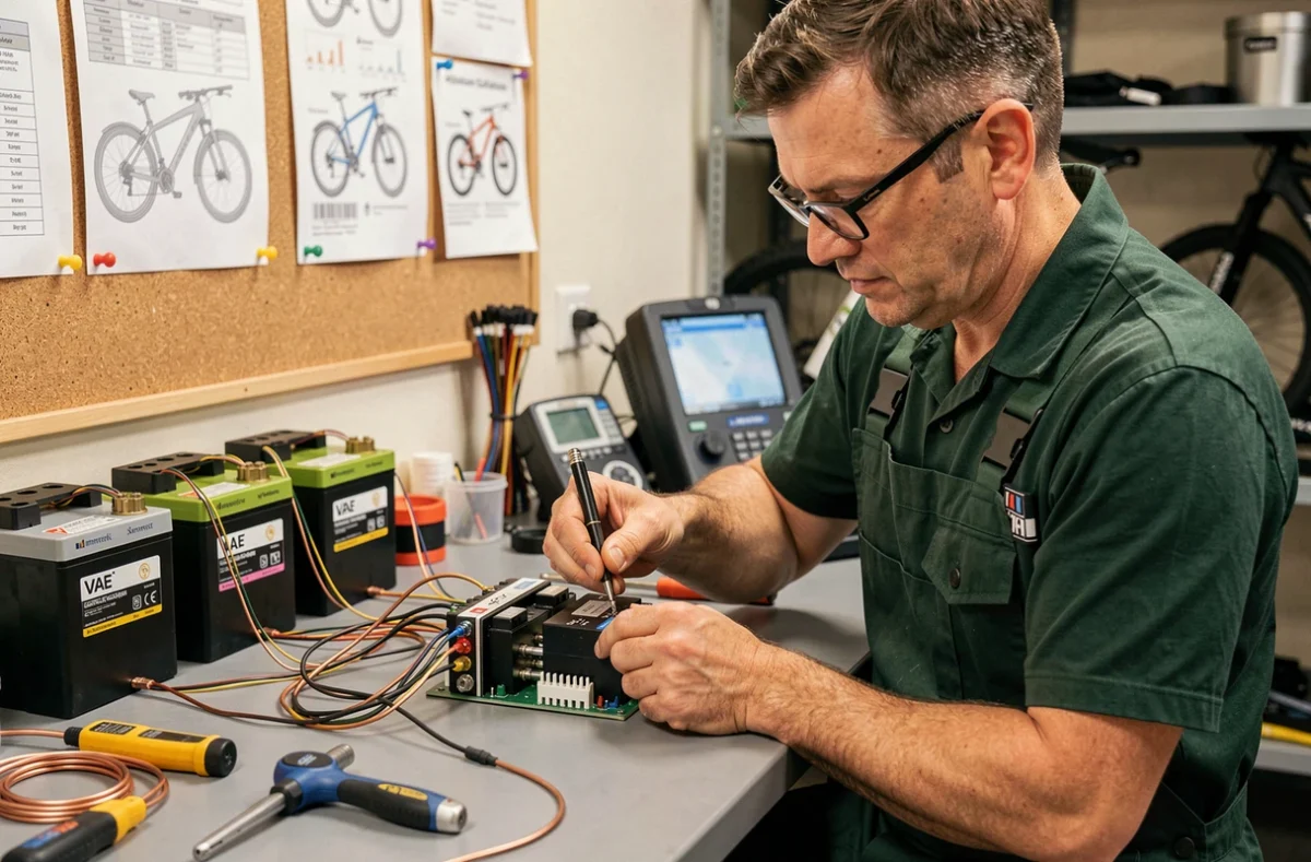 Spécialiste de Les 2 Roues Électriques à Dijon soudant des connexions sur un système de gestion de batterie VAE dans un laboratoire de réparation dédié