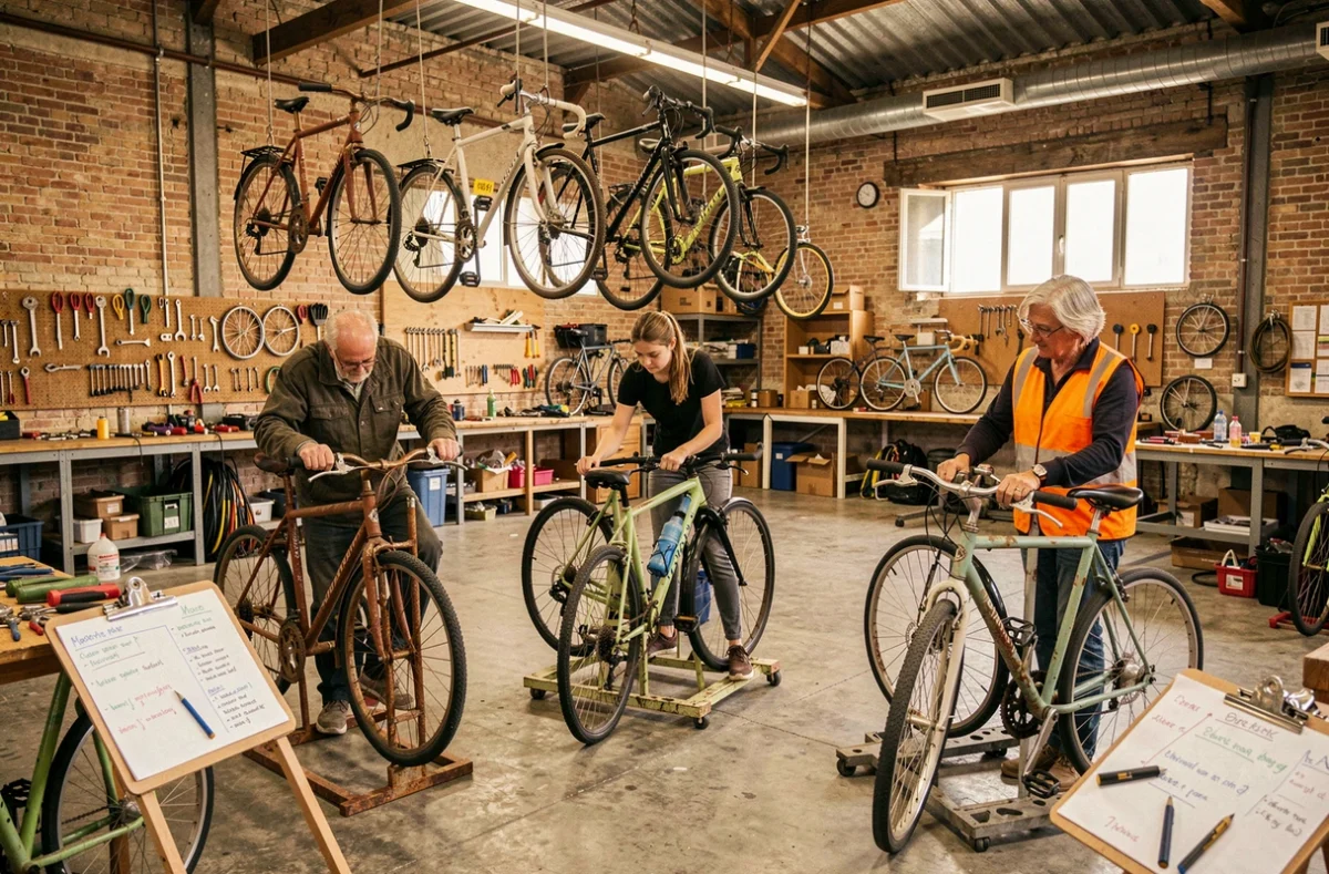 Atelier de réparation participative de Mâcon Vélo en Ville en Saône-et-Loire avec des participants travaillant sur leurs vélos guidés par un facilitateur