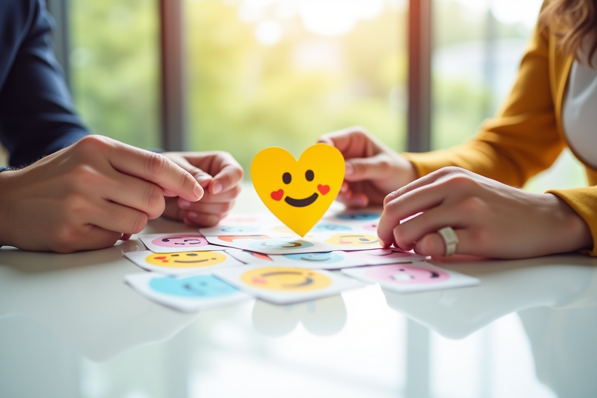 Plusieurs mains disposant des cartes emoji cœur colorées sur une table