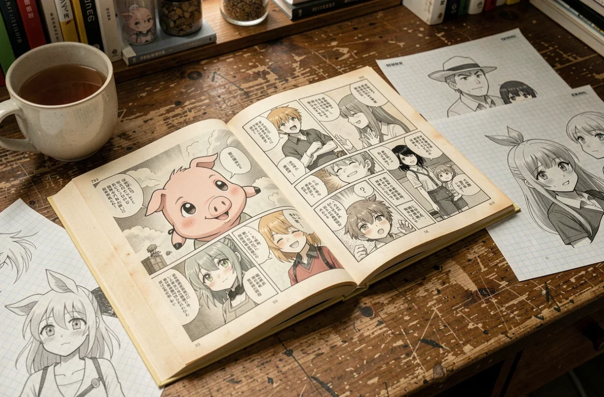 Volume manga Dragon Ball ouvert sur les pages du personnage Oolong posé sur un bureau de collectionneur avec des croquis d'anime