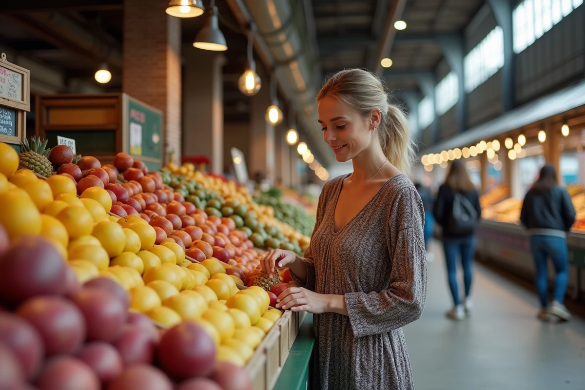 Jeune femme au marché de Lyon examinant des produits frais