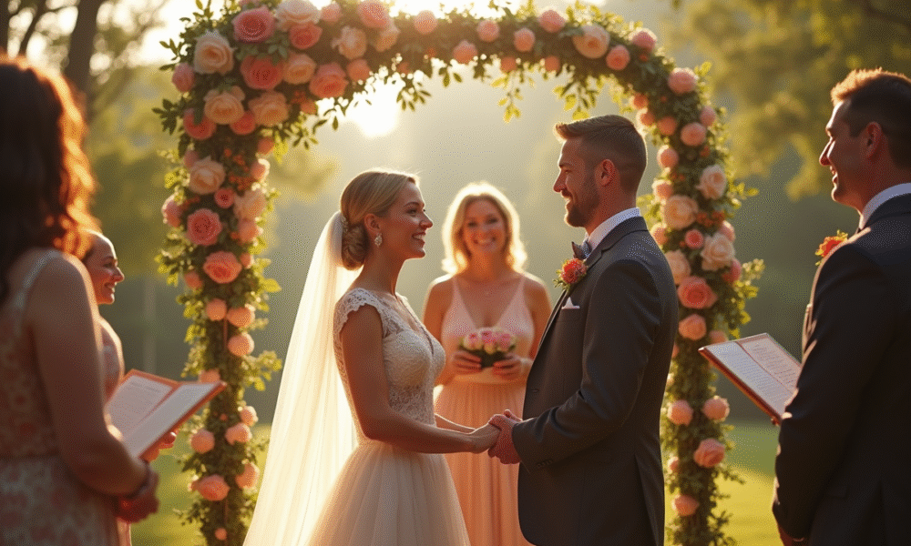 Couple souriant échangeant leurs vœux dans un jardin ensoleille