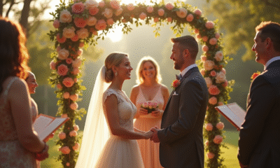 Couple souriant échangeant leurs vœux dans un jardin ensoleille